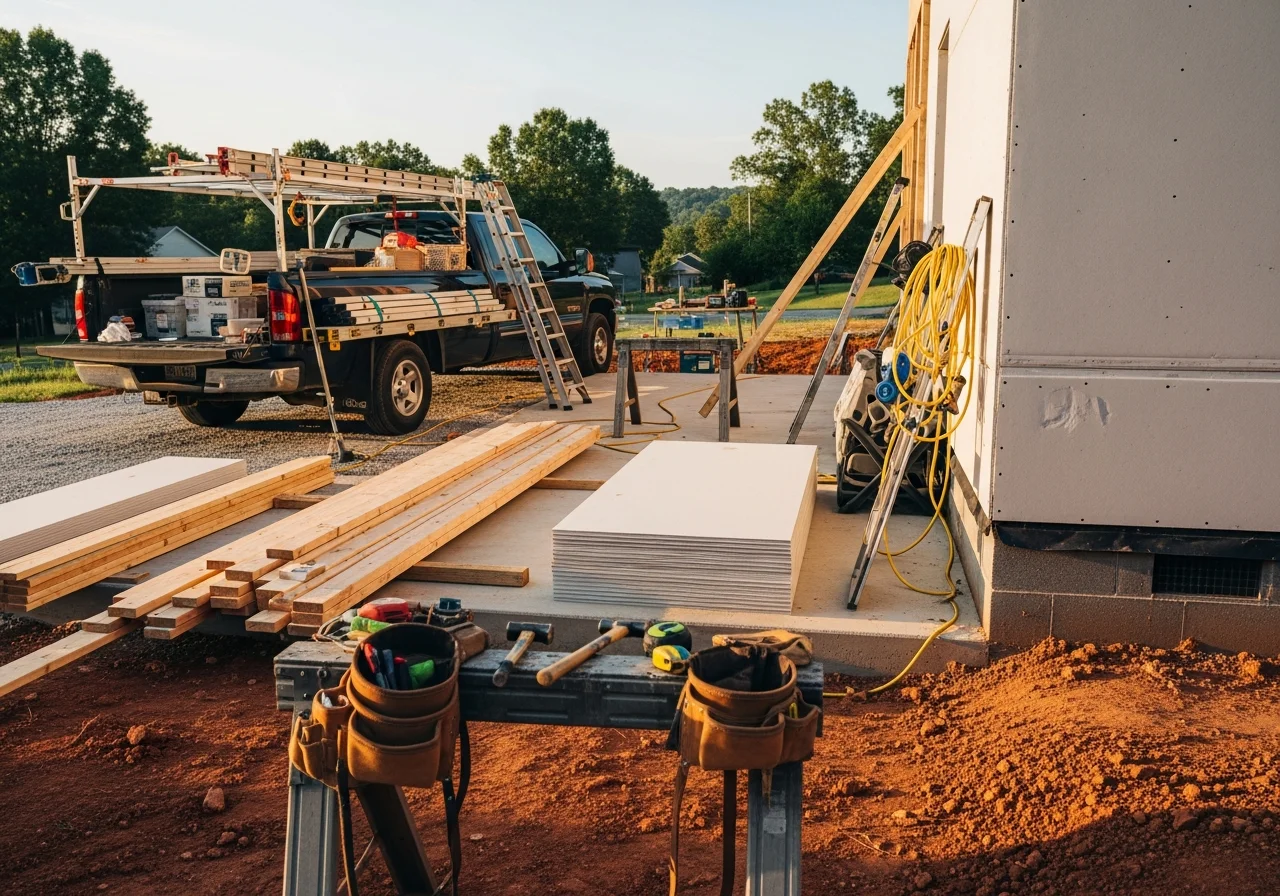 Construction crew with tools and equipment ready for residential renovation work on a property site.