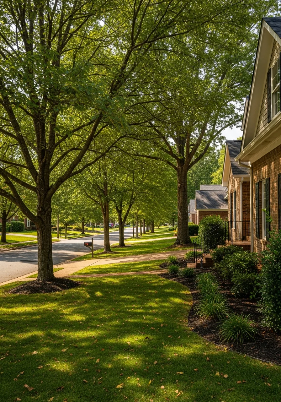 Close-up of a Chattanooga residential street with mature trees and well-maintained homes typical of the area.