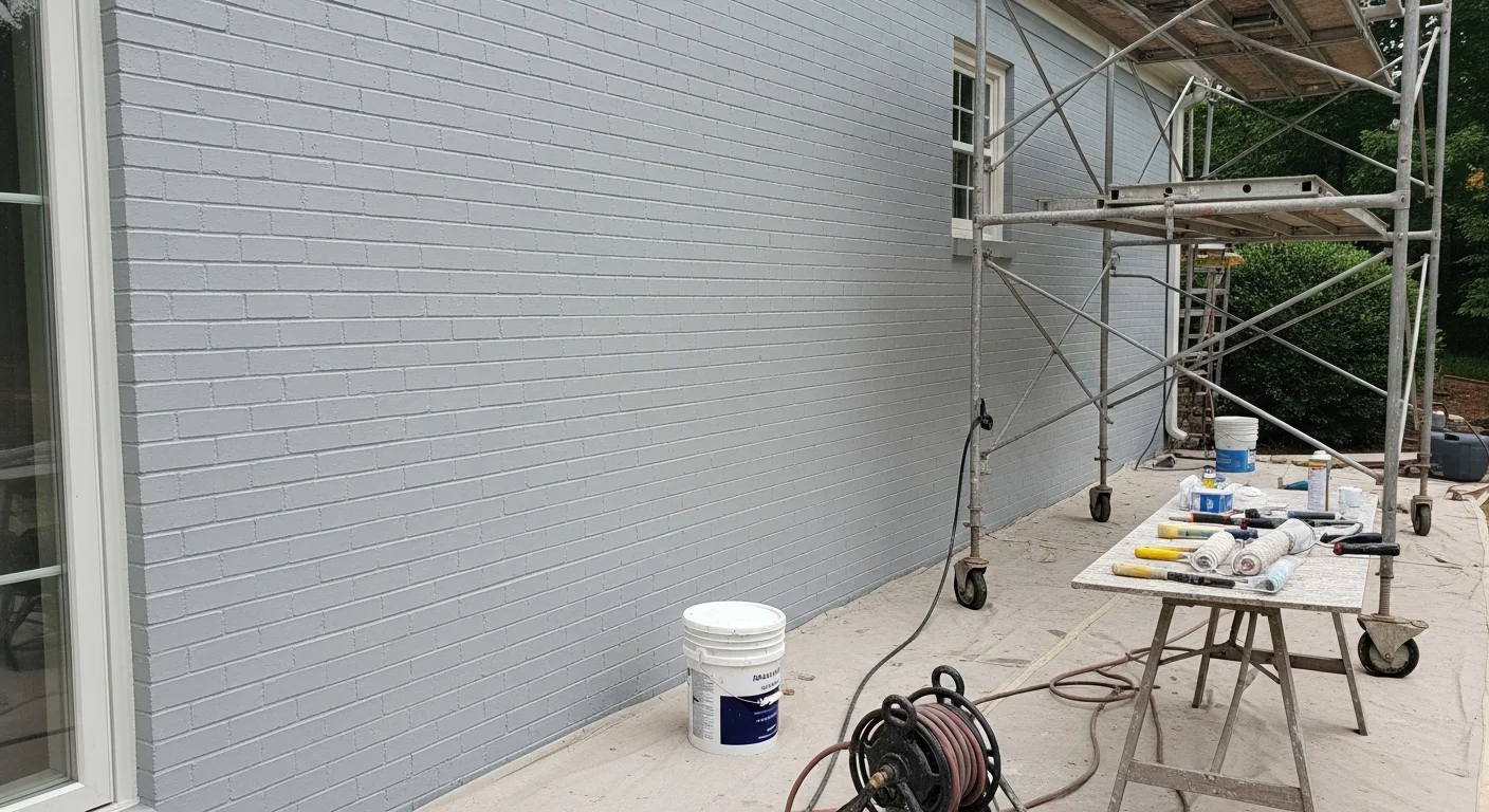 A freshly painted two-story home exterior in Chattanooga, Tennessee, with clean siding and trim work visible against a residential street backdrop. The finished surface shows even color coverage on wood lap siding with no peeling or mildew staining.