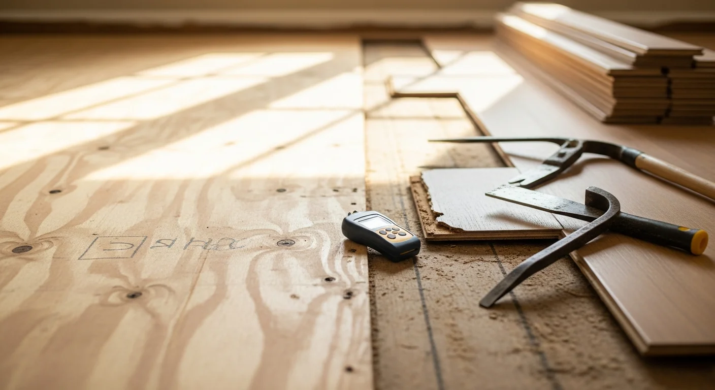 Freshly replaced flooring in a Chattanooga residential living room, showing clean new planks laid across a fully prepared subfloor. The old flooring has been removed and the room is ready for use.