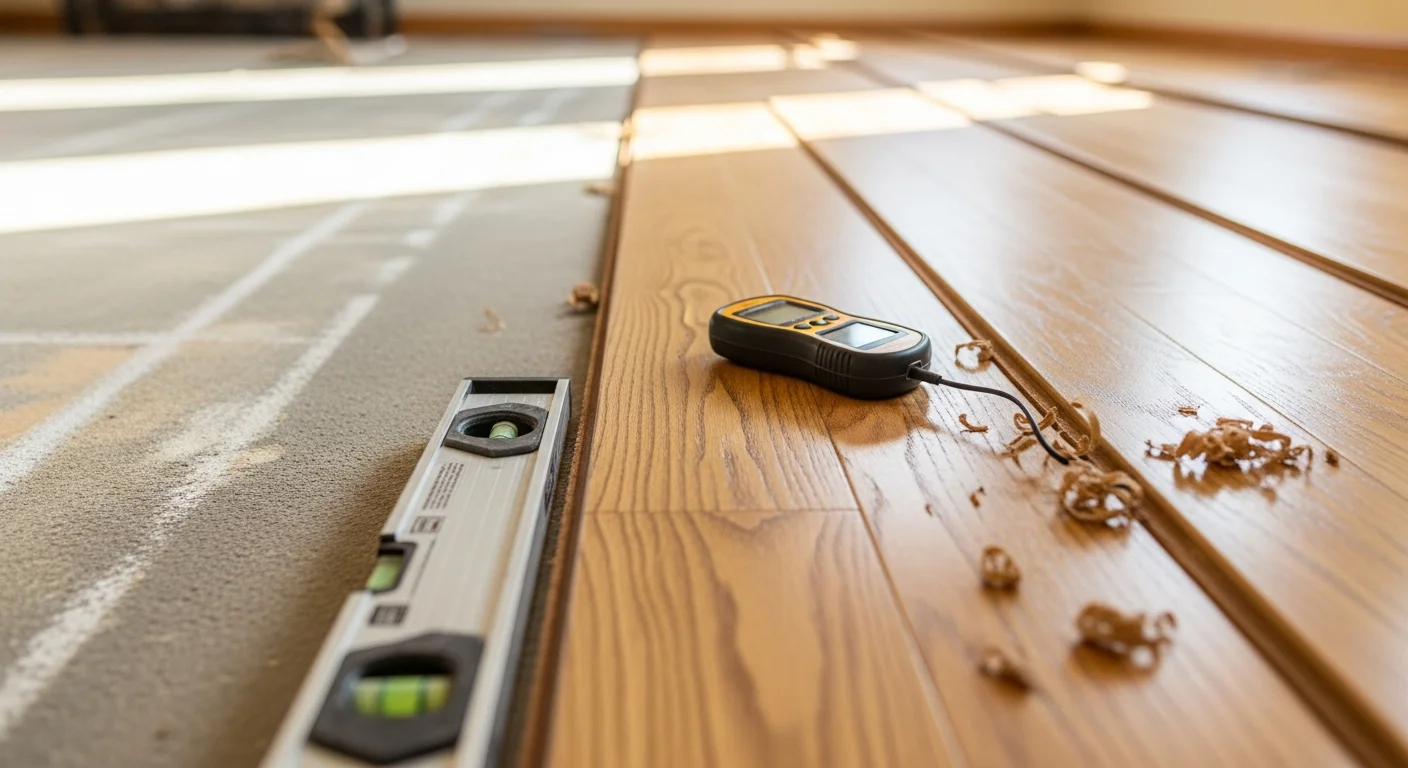 Freshly installed hardwood flooring in a Chattanooga residential living room, showing tight board seams and a clean finished surface. Natural light highlights the wood grain across an open-plan space.