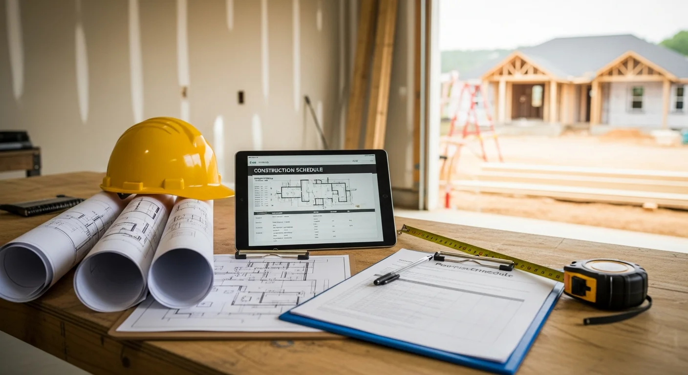 A general contractor reviewing project plans with a homeowner at a residential construction site in Chattanooga, Tennessee. Framed walls and building materials are visible in the background, showing an active renovation in progress.