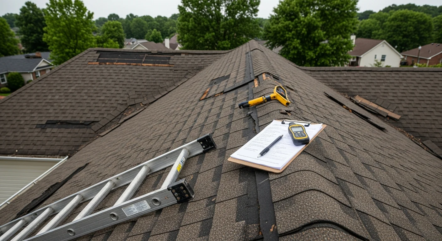 A Southeast Residential roofing contractor inspecting shingles and flashing on a residential roof in Chattanooga, Tennessee. Close-up view of the roof surface showing the inspection process on a clear day.