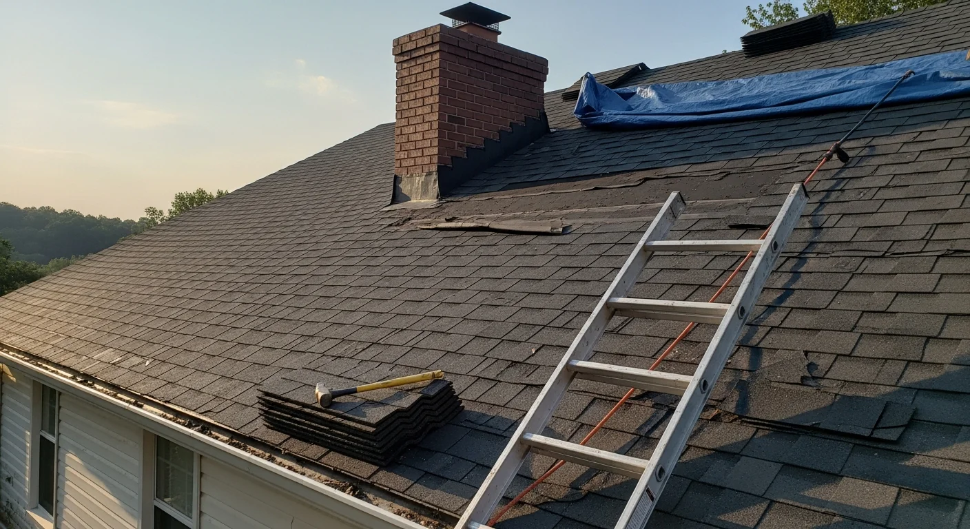 A repaired residential roof on a Chattanooga home showing replaced shingles and sealed flashing along the ridge line. The surrounding area reflects the wooded, hilly terrain common to the Chattanooga region.