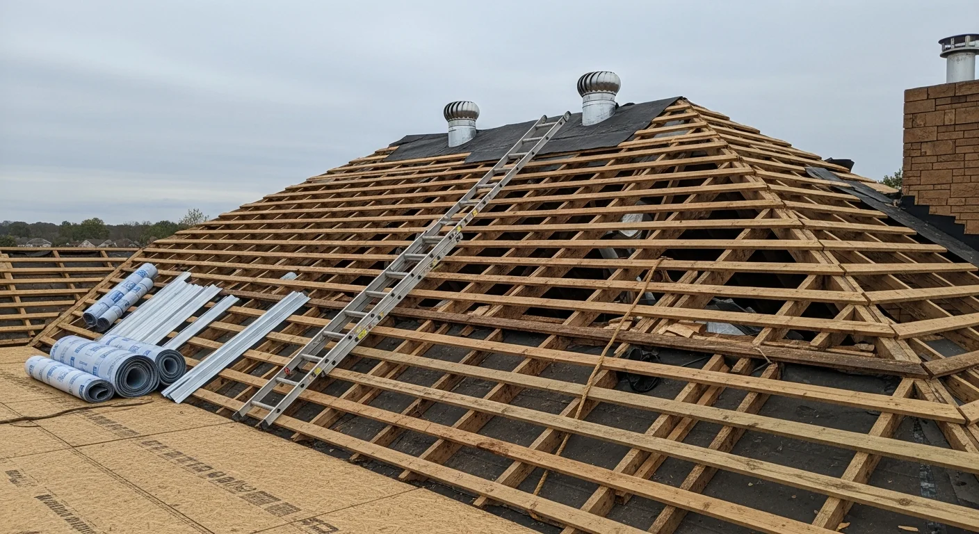 A completed residential roof replacement on a Chattanooga home, showing a freshly installed roof with clean ridge lines and new flashing around the chimney. The surrounding hillside neighborhood is visible in the background.